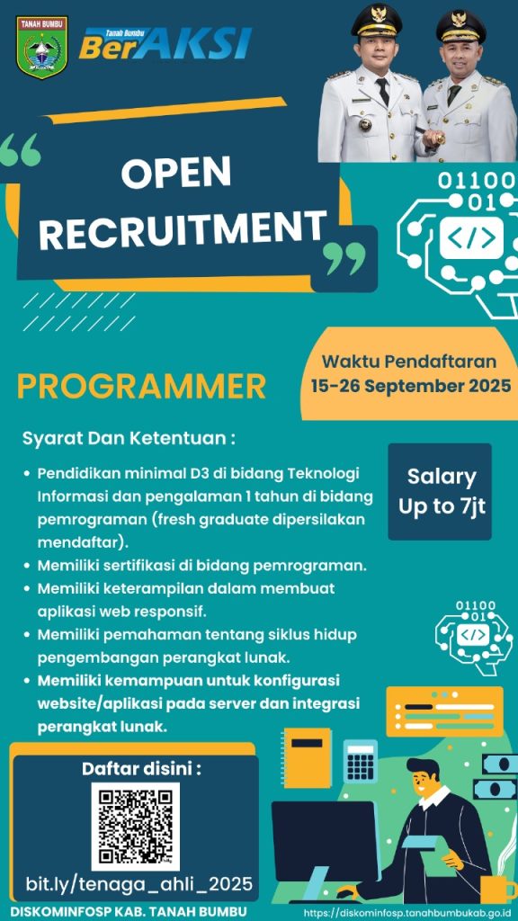 Pemerintah Kabupaten Tanah Bumbu membuka lowongan IT melalui Diskominfo SP di Batulicin, pendaftaran berlangsung pada 15 hingga 26 September 2025