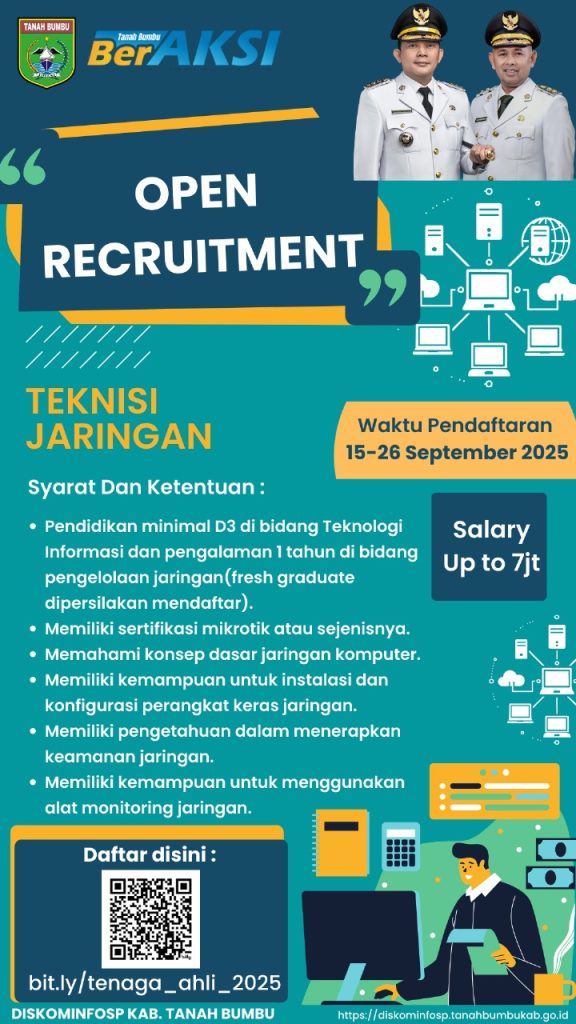 Pemerintah Kabupaten Tanah Bumbu membuka rekrutmen IT melalui Diskominfo SP di Batulicin, pendaftaran berlangsung pada 15-26 September 2025